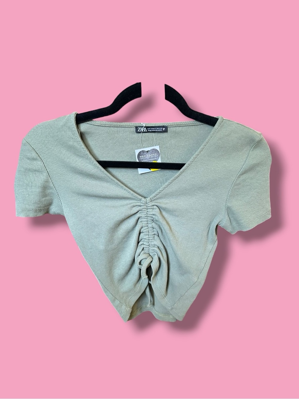 Zara Sage Green Ruched V-Neck Cropped Tee